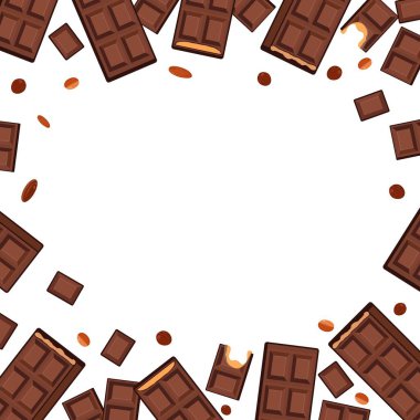 Vector çikolataları, kırık parçalar, ve özel metin için boş yeri olan kahve çekirdekleri, çocuklar için tatlı ve aromatik bir geçmiş, mevsimlik tatiller, Dünya Çikolata Günü ve Kahve Günü kutlaması, iş pazarlama ve indirim tasarımı