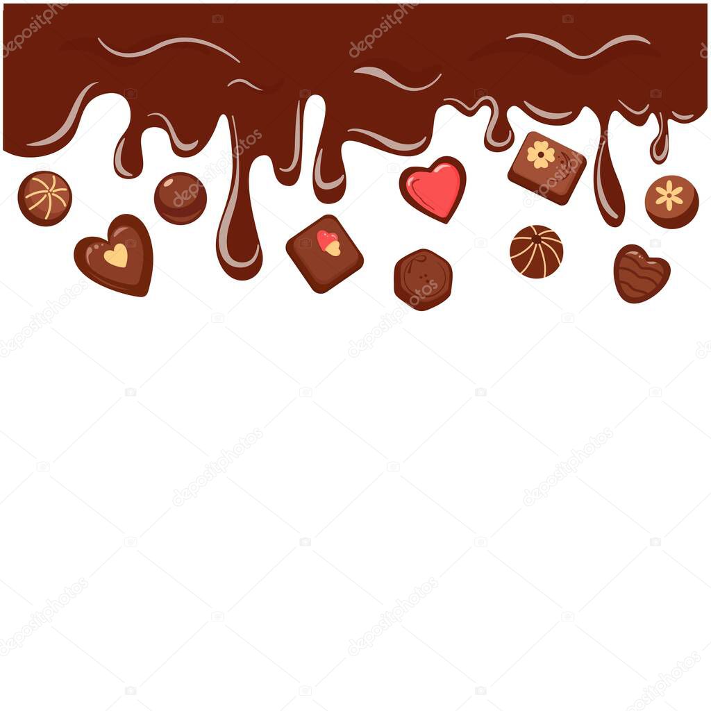 Chocolate Candy Sweets and Dripping Chocolate Border with Empty Space for Text or Logo on White Background  Vector Illustration for World Chocolate Day, Kids, Business, Sale and Holiday Design