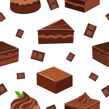 Çikolatalı kekler, browniler, pasta dilimleri ve beyaz arka planda şekerlerle kusursuz vektör deseni. Dünya Çikolata Günü, fırın markası, çocuk tasarımı, tekstil ve dekorasyon için mükemmel.