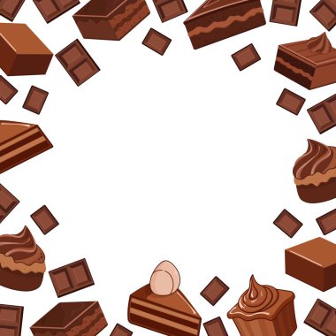 Beyaz zemin üzerinde çikolatalı kekler ve pasta dilimleri olan vektör çerçevesi metin ya da özel tasarım için alanı olan. Dünya Çikolata Günü, tatlı menü, ambalaj, çocuk tasarımı ve şenlikli dekorasyon için mükemmel.