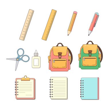 Beyaz arkaplandaki okul malzemelerinin vektör çizimi cetvel, kalem, yapıştırıcı, defter, sırt çantası ve makas içerir. Okula dönmek için mükemmel, çocuklar için eğitim, ofis kullanımı ve bilgi günü temaları