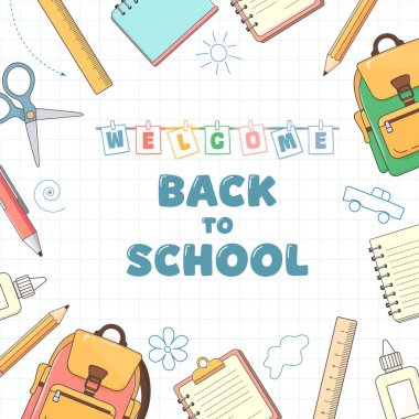 Beyaz arka plan sırt çantası, kalem, defter, kalem, makas, bilgi günü, okul sezonu ve 1 Eylül eğitim temaları için mükemmel yapıştırıcı üzerindeki okul malzemelerine vektör çizimi