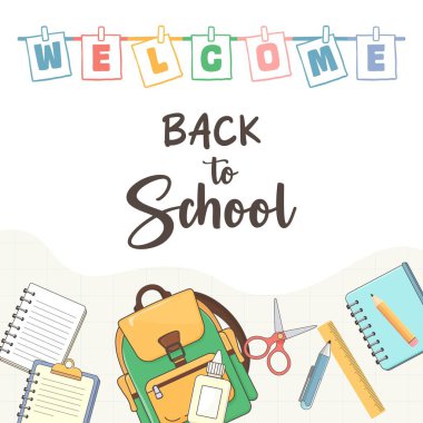 Okula Dönüş, Bilgi Günü, 1 Eylül, çocukların eğitimi ve sınıf temaları için beyaz sırt çantası, kalem, not defteri, tutkal, makas üzerindeki okul malzemelerinin vektör çizimi