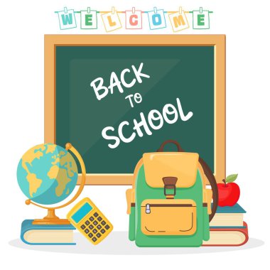 Özel metin, kitap yığını, küre, elma, sırt çantası ve hesap makinesi için yazı tahtası ile okul vektör ilüstrasyonuna geri dönelim. Çocukların eğitimi, eğitimi ve öğrenimi için ayrılmış sınıf unsurları