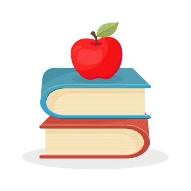 Üstünde kırmızı elma olan iki kitabın vektör çizimi. Okul, öğrenim, bilgi günü, kitap günü veya akademik tasarım için ayrı bir eğitim sembolü. Beyaz arkaplanda düz çizgi film biçimi