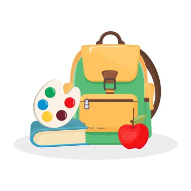Kitap, elma, sırt çantası ve boya paletiyle okul vektör ilüstrasyonuna geri dönelim. Beyaz arka planda renkli okul malzemeleri var. Çocuklar için eğitim, öğrenme ve yaratıcılık kavramı