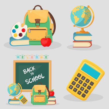 Dünya, sırt çantası, kitaplar, karatahta, palet, elma, hesap makinesi ve Bilgi Günü projeleri için beyaz arkaplan üzerinde pruva düz tasarımı olan okul çanı içeren okul kompozisyonlarına vektör seti