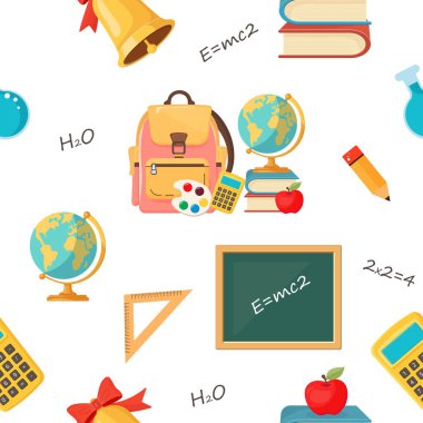 Beyaz arkaplan küresi, sırt çantası, kitaplar, karatahta, palet, matara, matara, elma, kalem, cetvel, formüller okul tasarımları için mükemmel.