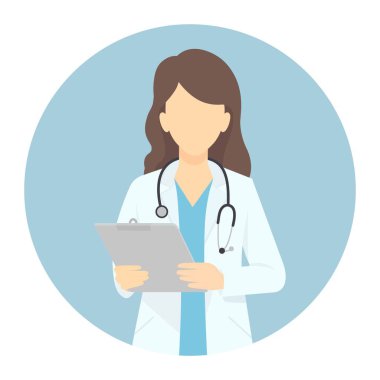 Beyaz arka planda düz stil bir kadın doktorun vektör çizimi. İşçi Bayramı için sağlık çalışanı karakteri, tıbbi posterler, sağlık kampanyaları, klinikler, hastaneler ve profesyonel tasarım