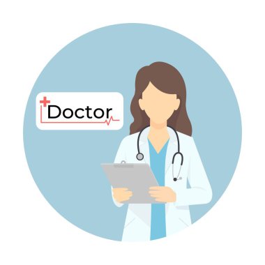 Beyaz arka planda düz stil bir kadın doktorun vektör çizimi. İşçi Bayramı için sağlık çalışanı karakteri, tıbbi posterler, sağlık kampanyaları, klinikler, hastaneler ve profesyonel tasarım