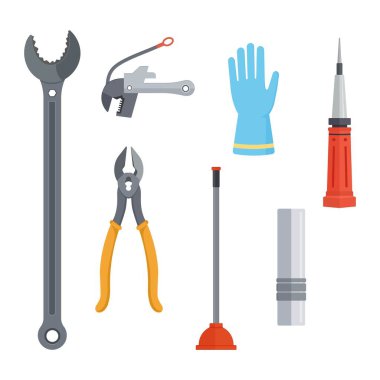 Beyaz arka planda bir dizi tesisat aleti var. Boru anahtarı, boru kesici, lastik eldiven, tornavida, pense, pompa, boru tesisatı. İşçiler için gündüz veya onarım hizmetleri için düz tesisat çizimi.