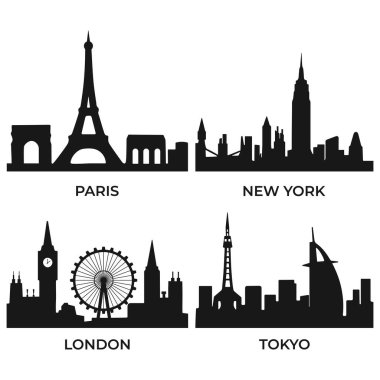 Beyaz arka planda New York, Paris, Londra ve Tokyo vektör resimlerinden oluşan 4 ünlü siluet seti. Ticari kullanım, seyahat tasarımı, tekstil baskıları, modern duvar sanatı ve zarif ev dekorasyonu için minimalist doğrusal şehir manzaraları.