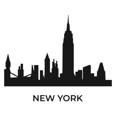 Beyaz arka planda New York şehrinin siluet vektör çizimi. Ticari kullanım, seyahat tasarımı, tekstil desenleri, modern duvar sanatı ve şık ev dekorasyonu için minimalist doğrusal şehir manzarası.