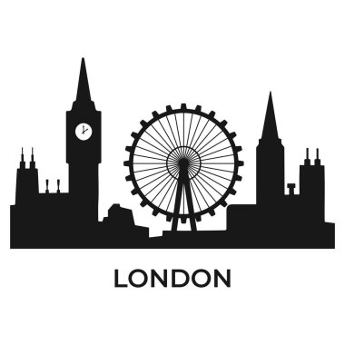 Beyaz arka planda Londra şehrinin siluet vektör çizimi. Ticari kullanım, seyahat tasarımı, tekstil baskıları, modern duvar sanatı ve şık ev dekorasyonu için minimalist doğrusal şehir manzarası.