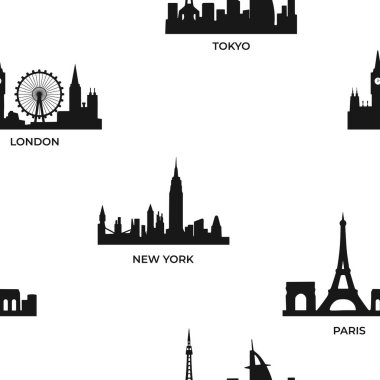 Beyaz arka planda New York, Paris, Londra ve Tokyo 'nun doğrusal şehir siluetlerine sahip kusursuz vektör deseni. Tekstil baskısı, seyahat temalı dekor, duvar sanatı ve modern yüzey tasarımı için ideal.