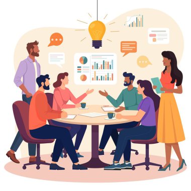 Modern bir ofisteki yuvarlak bir masada beyin fırtınası yapan çeşitli bir iş ekibinin vektör çizimi. Tablolar, belgeler ve kahve fincanları masada. Yaratıcı takım çalışması, veri analizi, fikir oluşturma.