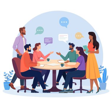 Çeşitli bir iş ekibinin yuvarlak masa etrafında tartışırken düz vektör çizimi. İnsanlar fikir paylaşıyor, belgeler ve kahveyle çalışıyorlar. Modern takım çalışması, iletişim, işbirliği.