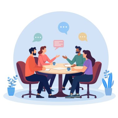 Çeşitli bir iş ekibinin yuvarlak masa etrafında tartışırken düz vektör çizimi. İnsanlar fikir paylaşıyor, belgeler ve kahveyle çalışıyorlar. Modern takım çalışması, iletişim, işbirliği.