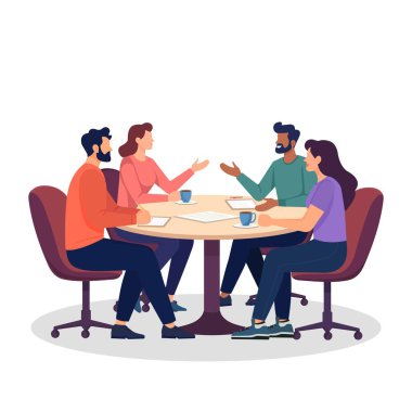 Çeşitli bir iş ekibinin yuvarlak masa etrafında tartışırken düz vektör çizimi. İnsanlar fikir paylaşıyor, belgeler ve kahveyle çalışıyorlar. Modern takım çalışması, iletişim, işbirliği.