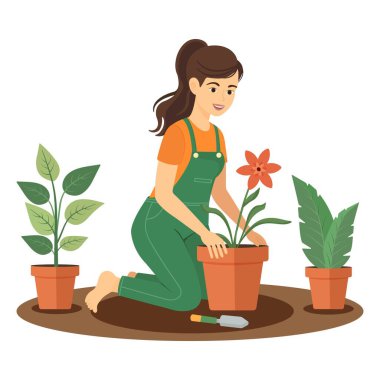 Bahçeyle uğraşan genç bir kadının düz vektör çizimi. Yeşil tulumlu kız saksıya çiçek dikiyor. Ev hobisi, kapalı bitkiler, bahar etkinliği, rahat iç mekan, mutlu yaşam tarzı..