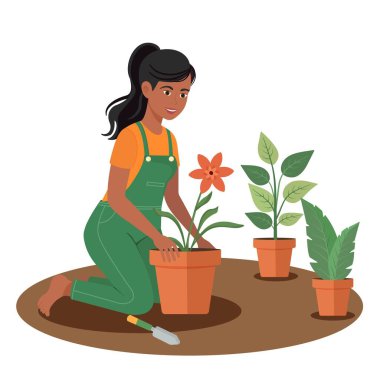 Bahçeyle uğraşan genç bir kadının düz vektör çizimi. Yeşil tulumlu kız saksıya çiçek dikiyor. Ev hobisi, kapalı bitkiler, bahar etkinliği, rahat iç mekan, mutlu yaşam tarzı..