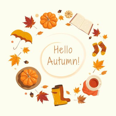 Yapraklardan, balkabaklarından, çaydan, çoraplardan, botlardan, kitaplardan ve şemsiyelerden oluşan yassı sonbahar çelengi. Mevsimsel davetler, kartlar veya web tasarımı için mükemmel metin için boş merkezi olan samimi sonbahar çerçevesi.