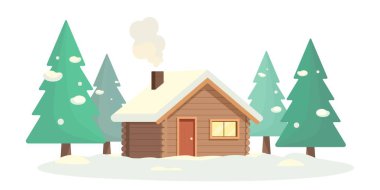 Karlı ormanda, köknar ağaçları ve bacadan çıkan dumanla kaplı sıcak bir kış kulübesi. Düz vektör çizimi. Noel, tatil, mevsimlik tasarımlar, web, baskı ve tebrik kartları için mükemmel.