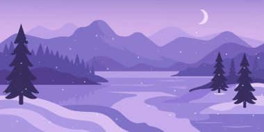 Karlı ağaçlar, dağlar, donmuş göl, hilal ay ve düşen karla kaplı düz bir kış gecesi manzarası. Sezonluk kartlar, arka planlar ve web tasarımı için sakin mor bir manzara..