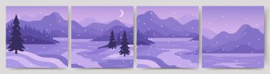 Karlı tepeleri, dağları, donmuş gölleri, düşen karları, çam ağaçlarını ve hilal ayını olan 4 düz vektör kış manzarası. Web ve baskı için mor ve mavi tonlarda huzurlu mevsimsel sahneler.