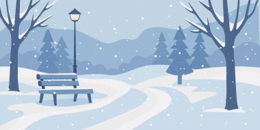 Kar kaplı park bankları, ağaçlar ve sokak lambasıyla düz vektör kış manzarası. Mavi tonlu huzurlu karlı sahne, Noel için ideal, mevsimlik tebrik kartları, ve web tasarımı.