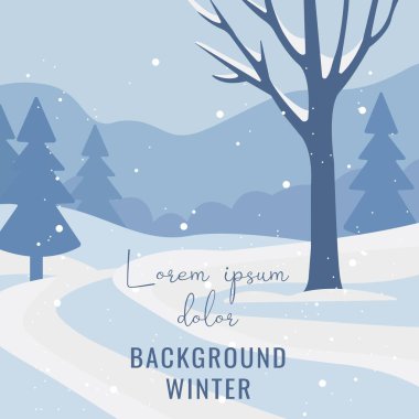 Düz vektör kış manzarası, karlı ağaçlar, düşen kar ve dağ zeminli. Mavi tonlu huzurlu ve minimal bir sahne, Noel kartları, web pankartları ve kış tasarımları için ideal..