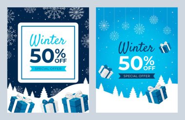 Kar taneleri, hediye kutuları, karlı arazi ve% 50 indirimli metin içeren kış indirimli vektör pankartları. Mevsimlik promosyonlar, online mağazalar, reklamlar ve tatil pazarlama kampanyaları için mükemmel..