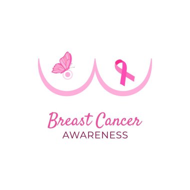 Göğüs kanseri farkındalık vektör tasarımı pembe kurdele ve kelebek sembolü ile kadın göğüs hatları. Önleme, destek, umut, güç ve kadınların sağlık onkoloji kampanyası kavramı.