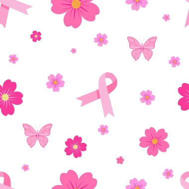 Beyaz zemin üzerinde pembe meme kanseri farkındalığı kurdeleleri, çiçekleri ve kelebekleri olan kusursuz vektör deseni, Ekim ayı boyunca umut, önleme, destek, bakım ve küresel sağlığı sembolize ediyor.