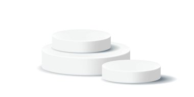 İki katlı bir podyumun gerçekçi üç boyutlu vektör çizimi. Temiz bir arkaplanda beyaz ve gri tonlarda ayrı bir kaidesi var. Ödüller, ürün sergisi ve modern sunumlar için ideal.