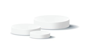 Temiz bir arkaplanda, üç klasik beyaz ve gri podyumun gerçekçi üç boyutlu temsili. Ürün sunumu, ödül töreni veya modern tasarım kavramları için mükemmel..