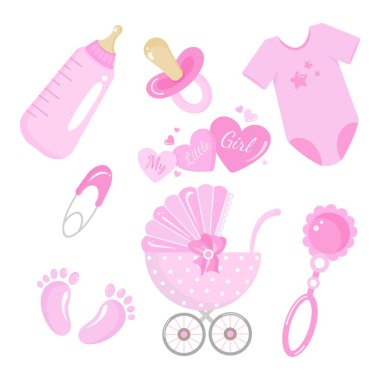 Yumuşak pembe tonlarda bebek duş aksesuarları. Bebek arabası, şişe, emzik, çıngırak, vücut giysisi, beyaz arka planda iğne. Yeni doğan davetiyeleri, kartlar ve cinsiyetler için mükemmel..