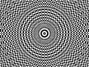 Siyah ve beyaz psikedelik optik illüzyon. Soyut hipnotik animasyon arka planı. Damalı geometrik duvar kağıdı