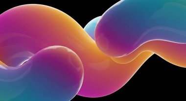 Parlak, soyut, turuncu, pembe ve mor renkli üç boyutlu lekeler. Pürüzsüz, akışkan şekiller ışığı yansıtıyor ve geleceksel ve dinamik bir görsel etki yaratıyor..