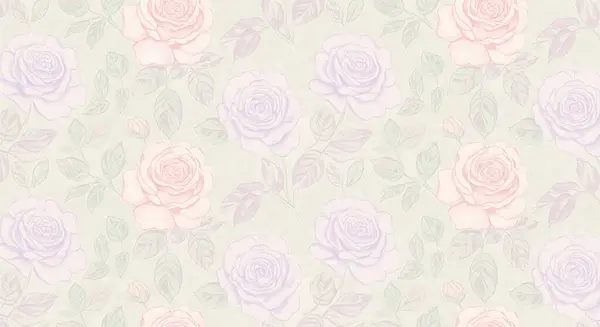 Yumuşak pembe, lavanta rengi ve şeftali rengi güller içeren, açık krem arka planda, sulu mavi ve gri yapraklı zarif suluboya desenler. Kusursuz, klasik tasarım..