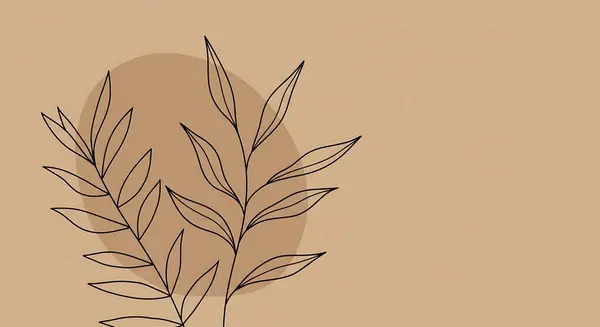 Yapraklı dalların minimalist botanik çizgisi, yumuşak soyut bir çemberle sıcak bej bir arkaplan üzerinde. Davetiyeler, posterler veya web tasarımı için zarif ve modern bir estetik..
