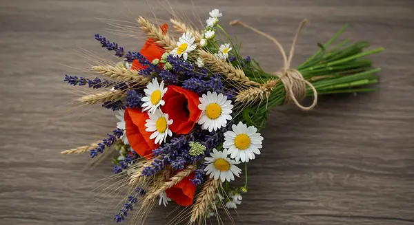 Yumuşak, bulanık doğal bir arka plan ile ahşap bir yüzeye dizilmiş papatyalar, gelincikler, lavanta ve buğday sapları içeren canlı bir kır çiçeği buketi..
