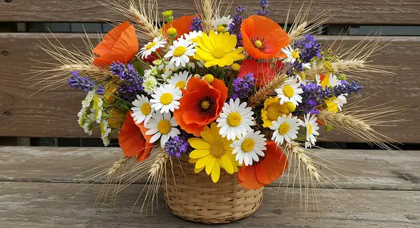 Yumuşak, bulanık doğal bir arka plan ile ahşap bir yüzeye dizilmiş papatyalar, gelincikler, lavanta ve buğday sapları içeren canlı bir kır çiçeği buketi..