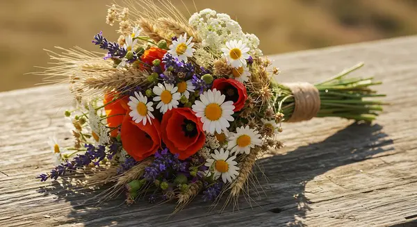 Yumuşak, bulanık doğal bir arka plan ile ahşap bir yüzeye dizilmiş papatyalar, gelincikler, lavanta ve buğday sapları içeren canlı bir kır çiçeği buketi..