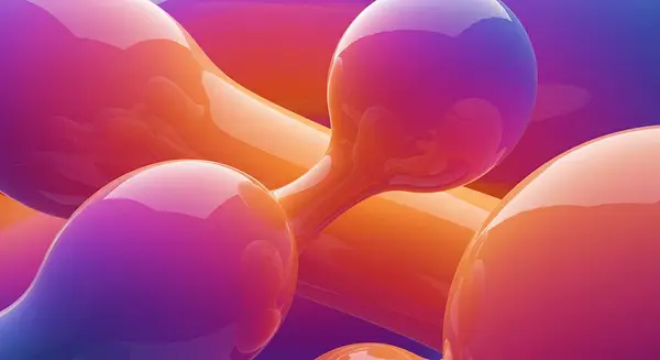 Parlak, soyut, turuncu, pembe ve mor renkli üç boyutlu lekeler. Pürüzsüz, akışkan şekiller ışığı yansıtıyor ve geleceksel ve dinamik bir görsel etki yaratıyor..
