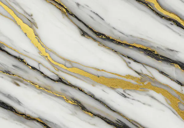 Akan siyah ve altın damarlı zarif beyaz mermer dokusu. Altın aksanları metalik, sıvı bir görünüme sahip, lüks ve modern bir estetik yaratıyor..