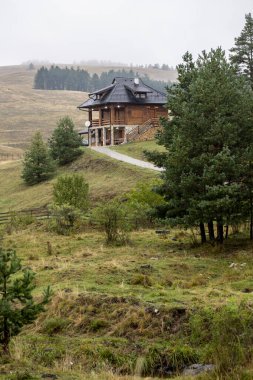 Large modern wood and stone house at the end of the road on the top of the hill with pine trees clipart