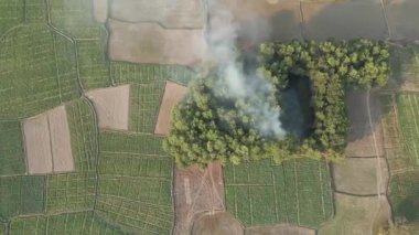 Gizli bir orman yangınının drone görüntüsü, yeşil tarlalarda dalgalanan siyah duman ve merkezi bir gölet.