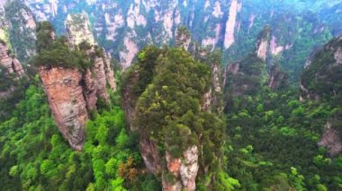 Çin 'deki Zhangjiajie Ulusal Orman Parkı' ndaki yemyeşil orman ve kumtaşı sütunlarının hava görüntüsü.