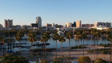 Long Beach California Skyline Sunset 'te Marina ve Palm Trees ile